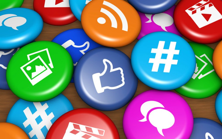 Social media and network web icons on colorful badges concept 3D illustration.