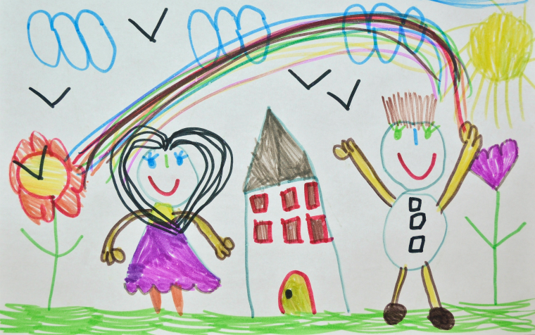 child's drawing of a house with a rainbow