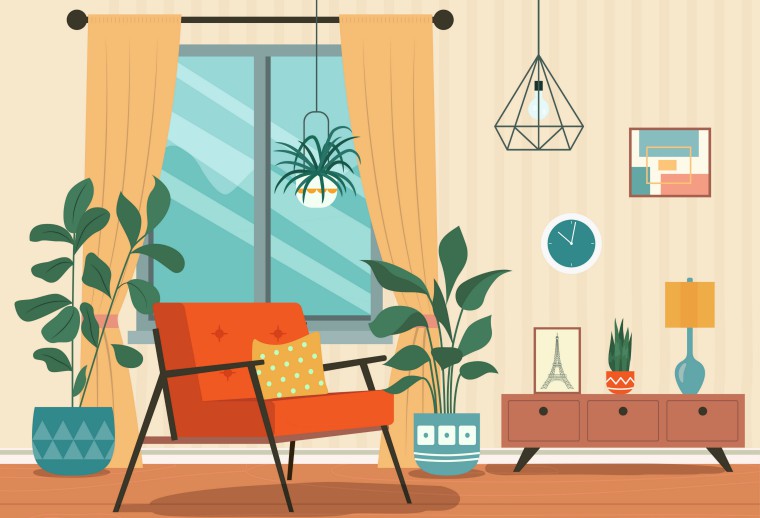 drawing of the inside of a sitting room with chair, sideboard, window and plants