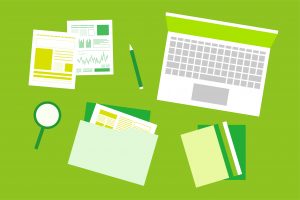 Green-toned drawing of a laptop, notes, folders, charts, a pencil and a magnifying glass.