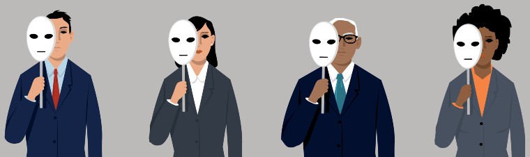 Illustration of four people of different ethnicities holding a mask in front of them to disguise their identities