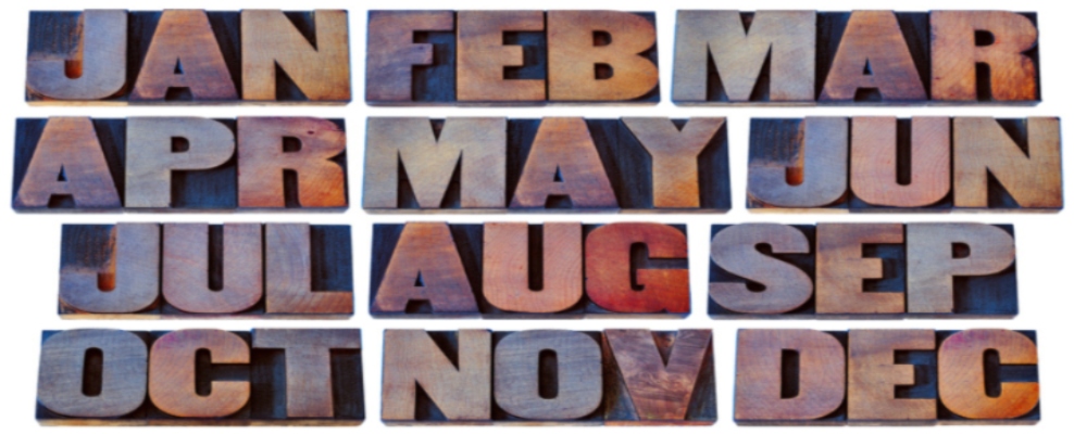 calendar months on wooden blocks