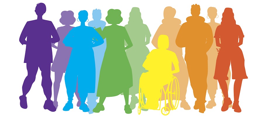 Silhouette of people in different colours of the Pride flag to illustrate diversity and inclusivity
