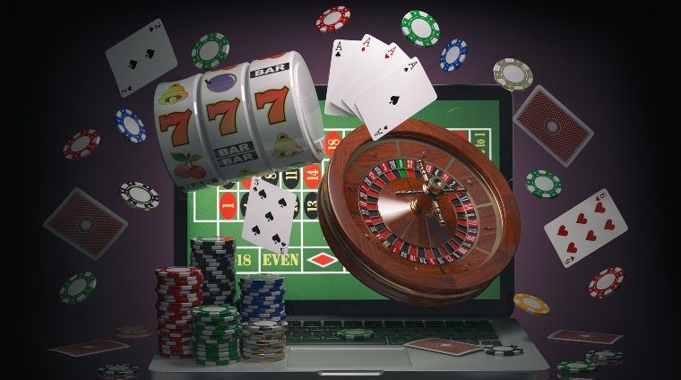Online casino concept. Laptop with roulette, slot machine, casino chips and playing cards isolated on black background. 3d illustration