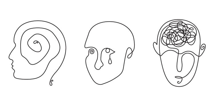 Line drawings of three heads with different emotions