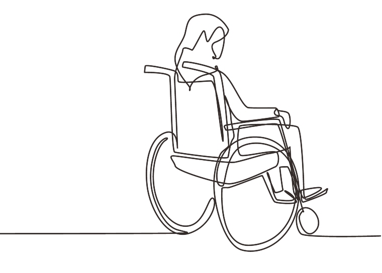 Single one line drawing back side of lonely old woman sitting on wheelchair and looking at distant dry autumn leaves in outside. Lonely, forlorn, desolate, lonesome. Continuous line draw design vector