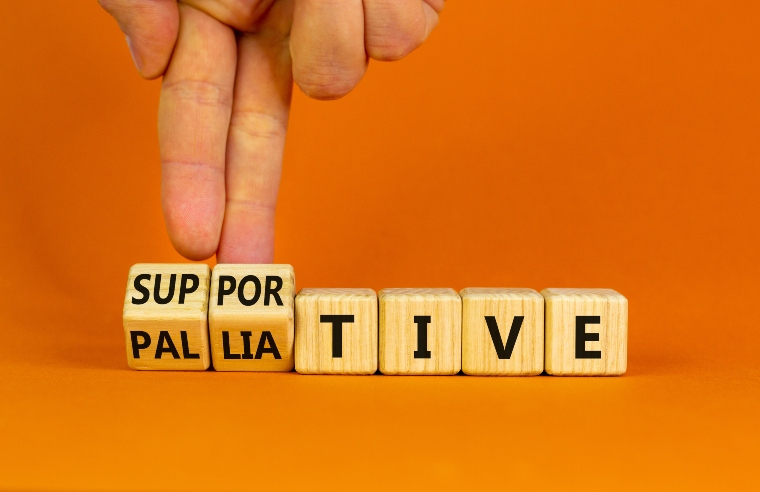 The word 'palliative' on dice, with 'pallia' being swapped for 'suppor' to make 'supportive'