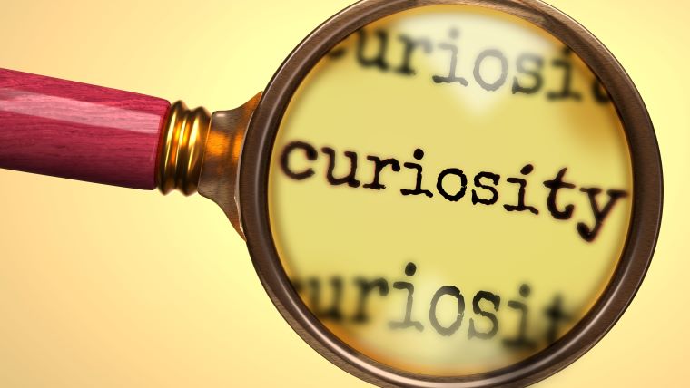 Examine and study curiosity, showed as a magnify glass and word curiosity to symbolize process of analyzing, exploring, learning and taking a closer look at curiosity, 3d illustration