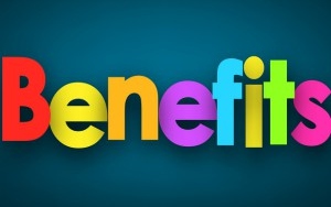 Benefits sign on blue background.