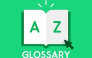 Green background with drawing of an open book with 'A' on one page and 'Z' on the other and the word 'glossary' underneath