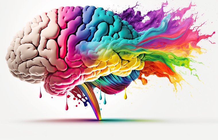 Human brain illustration with rainbow colours exploding out of it to illustrate mental disorder