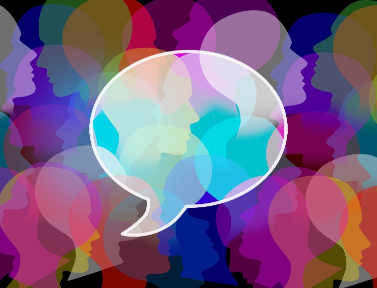 Graphic illustration of faces and a speech bubble in lots of different colours
