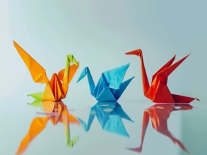 Three origami birds are sitting on a table with reflections. AI.