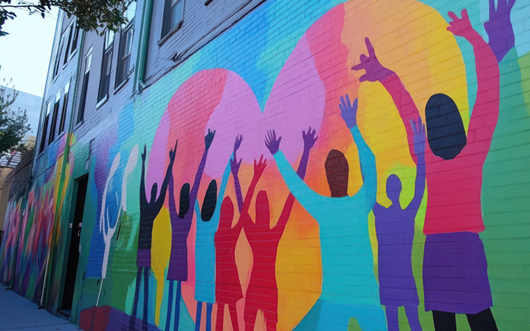 mural showing people with hands up, multicoloured painted hearts