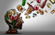 Illustration of human head filled with bottles, cans and glasses of alcohol and them floating out of the head to illustrate capacity damaged by alcohol use