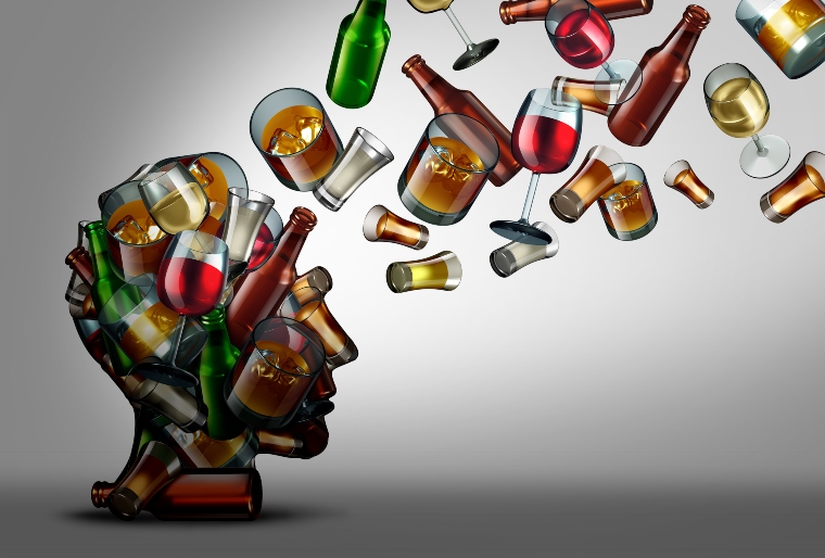 Illustration of human head filled with bottles, cans and glasses of alcohol and them floating out of the head to illustrate capacity damaged by alcohol use