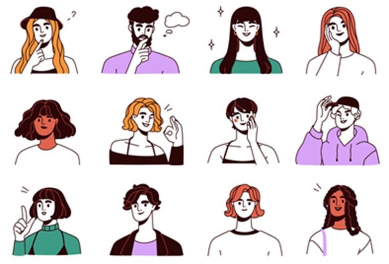 Cartoon of people with different facial expressions.