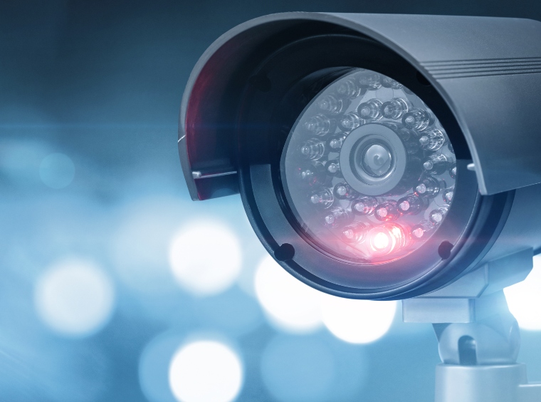 Close up of CCTV camera with blurry background