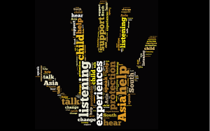 word cloud in shape of a hand featuring words connected to research into CSA of south asian children
