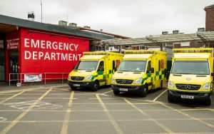 Row of ambulances outside emergency department