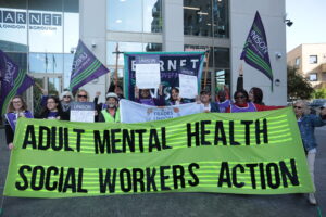 Barnet mental health social workers striking outside the council's offices.