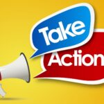 Red and white megaphone with the words 'take' 'action!' coming out in blue and red speech bubbles on a yellow background