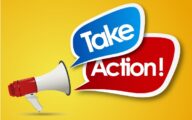Red and white megaphone with the words 'take' 'action!' coming out in blue and red speech bubbles on a yellow background
