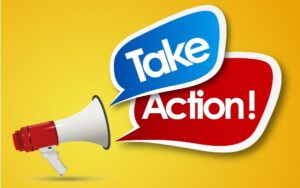 Red and white megaphone with the words 'take' 'action!' coming out in blue and red speech bubbles on a yellow background