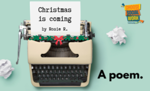 Typewriter with a note writing 'Christmas is coming by Rosie R.'
