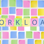 Post-it notes on a wall with the word 'workload' in the foreground