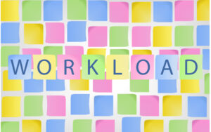 Post-it notes on a wall with the word 'workload' in the foreground