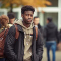 Young boy looking pensive against backdrop of other young people