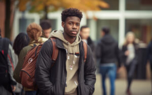 Young boy looking pensive against backdrop of other young people