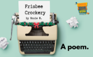 typewriter with a piece of paper on which 'Frisbee crockery by Rosie R' is written