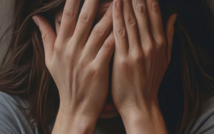 A woman covering her face with her hands.