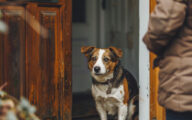 A brown and white dog is standing in front of a wooden door