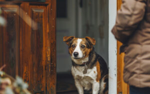 A brown and white dog is standing in front of a wooden door