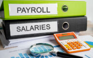 Payroll, Salaries. Binder data finance report business with graph analysis in office.