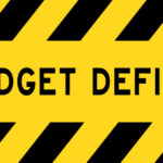 Yellow and black color with line striped label banner with word budget deficit