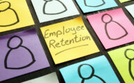Grid of nine post-it notes with 'employee retention' written on the central one