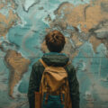 Teenage boy wearing backpack looking at world map