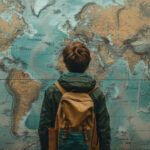 Teenage boy wearing backpack looking at world map