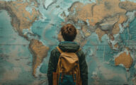 Teenage boy wearing backpack looking at world map