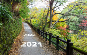 A country road surrounded by greenery marked with the years 2021, 2022, 2023 and 2024