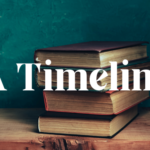 A stack of books positioned in front of a green wall with the title 'A Timeline' in front of them