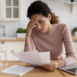 Woman looking stressed staring at a piece of paper that looks like a bill