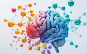 A colourful brain with yellow, pink and blue neurotransmitters