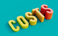 The word 'costs' spelt out in 3-D letters of increasing height against a turquoise background