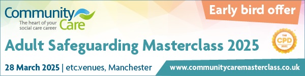 A banner advertising Community Care's Adult Safeguarding Masterclass 2025