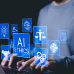 A person working on laptop with icons representing ethics, law, and governance in AI, importance of responsible AI usage, ethical decision-making,